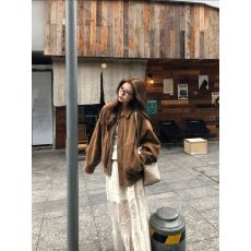 批发棕色复古皮衣短外套女秋季气质慵懒松弛感长袖宽松<b class='q'>休闲</b>上衣<b class='q'>夹克</b>