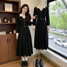 批发高级小香风黑色<b class='q'>长袖</b><b class='q'>连衣裙</b>女装秋季新款大码假两件polo领收腰长裙