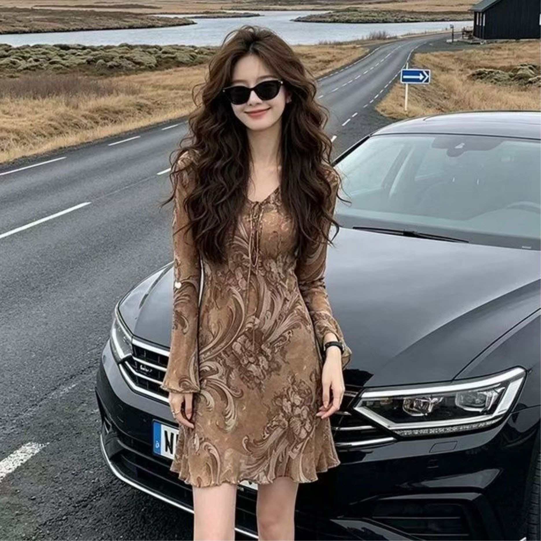 RY8397# 氛围感连衣裙女2026新款复古花卉长袖V领系带修身鱼尾气质...