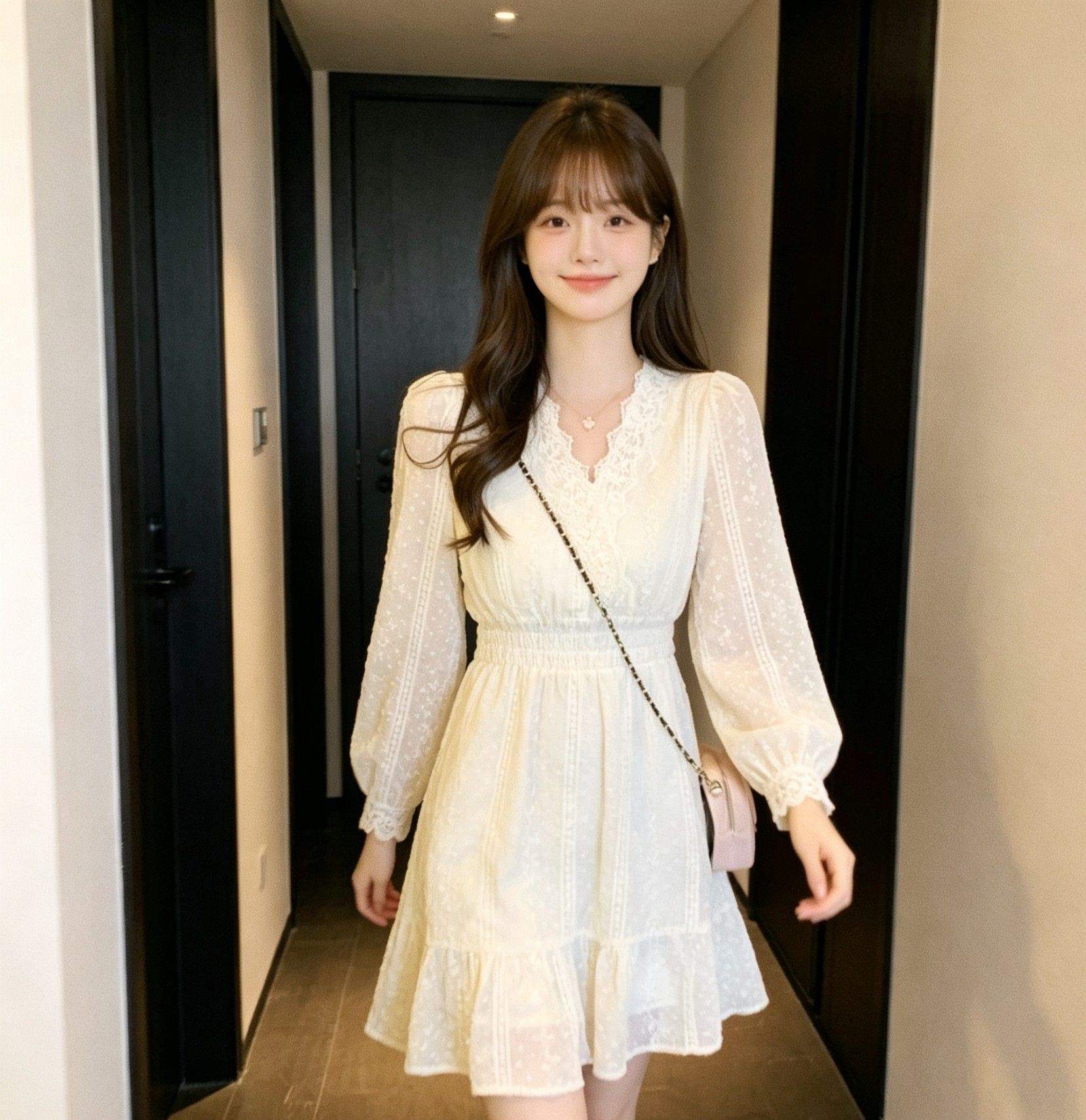 RY8396# 2026新款法式V领连衣裙秋季女装小个子高级感欧货蕾丝甜美...