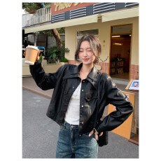 批发复古机车风双层翻领短款<b class='q'>皮衣</b>女2026秋季新款气质小个子皮夹克外套