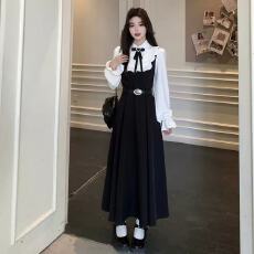 批发大码学院风气质撞色<b class='q'>假两件</b><b class='q'>连衣裙</b>早春新款衬衫领高级感黑色长裙子
