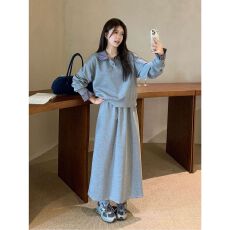 批发韩系<b class='q'>大码</b>减龄休闲运动套装裙女2026秋冬宽松卫衣裙子百搭两件套裙