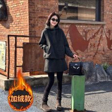批发【加绒仿羊绒420克】时尚洋气加绒保暖连帽卫衣短裙两件套装女