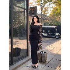 批发性感法式一字肩蕾丝长袖连衣裙女秋季气质修身黑色礼服长裙子