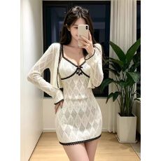 批发韩系性感风长袖开衫V领吊带裙女秋季新款穿搭修身显瘦百搭两件套