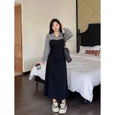 批发大码女装胖mm法式设计感<b class='q'>翻领</b>撞色拼接长袖<b class='q'>连衣裙</b>秋季