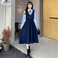 批发女装法式复古连衣裙女胖大码<b class='q'>春</b>夏新款收腰显瘦撞色假两件减龄长裙