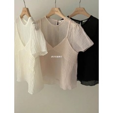 批发NEONHITCH<b class='q'>韩国</b><b class='q'>代购</b>25初夏新款温柔少女韩系短袖罩衫+吊带衬衣套装