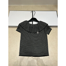 批发2026年春夏新品字母薄款荷叶边条纹针织衫女短袖套头宽松百搭上衣