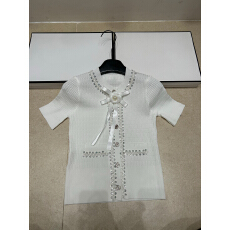 批发2026年夏季新款针织香字母花朵亮片蝴蝶结短袖单排扣开衫上衣潮品