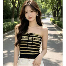 批发潮牌针织D字母系带蝴蝶结金丝线提花无袖抹胸修身显瘦百搭女背心