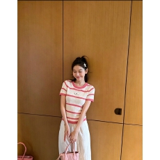 批发潮牌针织缪M家白色字母标镂空条纹短袖圆领套头宽松百搭上衣新款