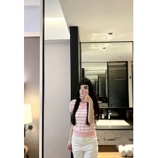 批发潮牌针织缪M家粉色字母标条纹短袖圆领套头宽松百搭女上衣26新款