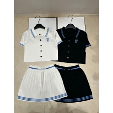 批发潮牌针织缪M家蓝字母翻领短袖单排扣<b class='q'>开衫</b>加半裙两件套装夏季新款