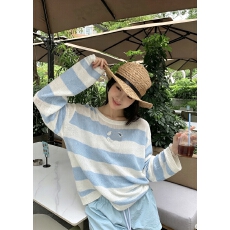批发潮牌针织香家logo渐变珠片<b class='q'>条纹</b>长袖套头宽松百搭女上衣26夏季新款