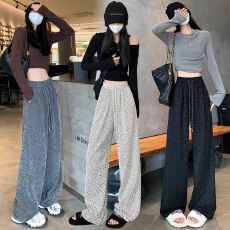 批发秋冬季雪尼尔斜条纹阔腿裤<b class='q'>女</b>高腰垂感大码休闲宽松慵懒风直筒裤