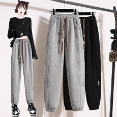 批发韩版笑脸卫裤女秋冬大码<b class='q'>运动裤</b>新款加绒加厚束脚裤哈伦裤休闲裤女