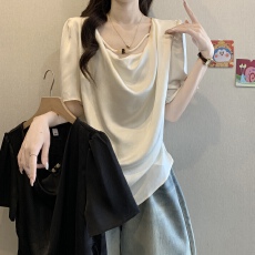 批发实拍法式荡领串珠短袖衬衫女2026<b class='q'>春</b>夏大码胖mm漂亮小衫不规则上衣