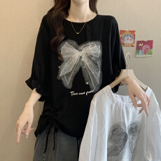 批发实拍冰丝印花镶钻<b class='q'>夏</b>季新款大码胖妹妹时尚减龄宽松遮肉显瘦女上衣