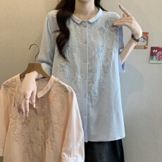 批发文艺重工刺绣苎麻衬衫女夏季高级感轻奢胖mm减龄薄款棉麻短袖上衣