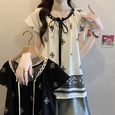 批发大码女装民族风短袖衬衫女夏季胖mm显瘦遮肚子宽松减龄设计感上衣