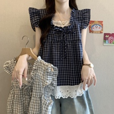 批发实拍小飞袖格子短袖衬衫大码女夏季胖mm假两件蕾丝下摆娃娃衫上衣
