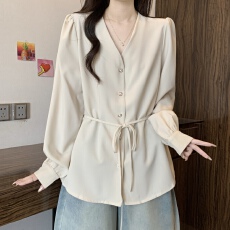 批发实拍大码女装胖mm秋季新款时尚百搭衬衫V领系带收腰显瘦长袖上衣