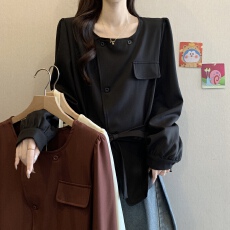 批发法式方领长袖衬衫女秋季新款大码女装胖mm显瘦高级感系带收腰上衣