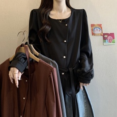 批发2025早秋新款不规则独特漂亮长袖衬衫大码胖MM收腰绑带小衫上衣女