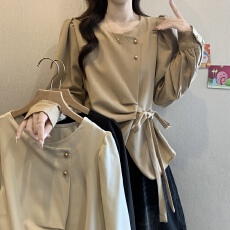 批发实拍正肩长袖衬衫女2026春季大码胖mm气质独特小衫不规则收腰上衣