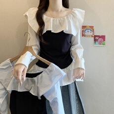 批发韩版<b class='q'>时尚</b>洋气一字肩长袖小衫大码女秋<b class='q'>个性</b>撞色设计感显瘦百搭上衣