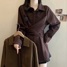 批发大码不规则遮肚休闲收腰衬衫女春秋微胖mm洋气减龄宽松慵懒风上衣