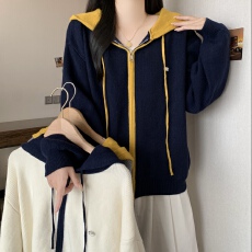 批发韩版大码宽松慵懒风连帽针织衫2025秋<b class='q'>冬</b>新款设计感小众毛衣外套女