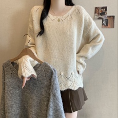 批发法式V领超好看毛衣女秋<b class='q'>冬</b>大码胖mm慵懒风外穿独特漂亮针织衫上衣