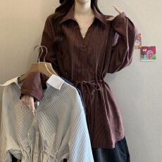 批发<b class='q'>大码</b><b class='q'>女装</b>胖mm秋新款2026法式独特翻领条纹系带收腰遮肚长袖衬衫女