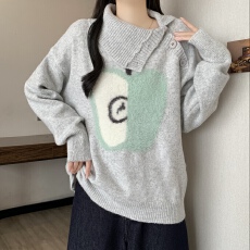 批发韩版小众设计感2025冬季新款<b class='q'>大码</b>胖mm灰色宽松显瘦翻领针织衫毛衣