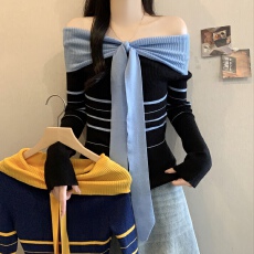 批发2025秋季上新<b class='q'>女装</b>韩系绝美巨好看氛围感撞色条纹一字肩针织上衣女