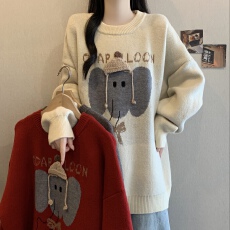 批发韩系卡通小象提花针织衫女秋冬<b class='q'>大码</b>胖mm宽松慵懒风减龄中长款毛衣