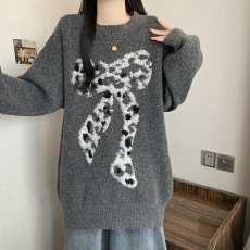 批发牛仔拼接蝴蝶结长袖毛衣2025秋冬大码<b class='q'>女装</b>胖mm宽松中长款别致上衣