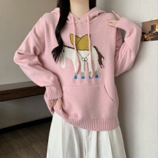 批发粉色小马连帽毛衣女2025新款秋<b class='q'>冬</b>大码减龄软糯慵懒套头针织衫上衣