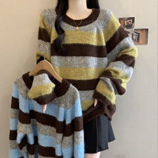 批发巨好看时尚撞色条纹针织衫女秋季大码新款慵懒风宽松百搭洋气毛衣