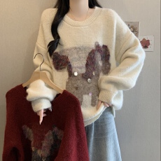 批发慵懒风卡通小马亮片针织衫女秋冬大码胖妹妹百搭减龄气质显瘦毛衣