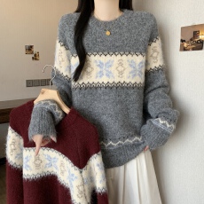批发韩系高级感宽松软糯毛衣<b class='q'>秋</b>冬新款大码女装百搭针织衫撞色提花上衣