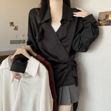 批发黑色醋酸缎面V领长袖衬衫女<b class='q'>秋</b>装大码微胖mm收腰遮肚子中长款上衣