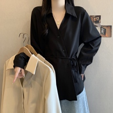 批发高级设计感V领长袖打底衬衫女春秋<b class='q'>大码</b>胖mm显瘦系带收腰遮肚上衣