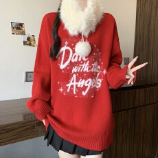 批发2026冬新款红色星闪字母厚款大码女装宽松假两件毛领套头毛衣女
