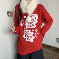 批发2026马年本命年红色毛领针织毛衣女冬季大码胖mm中长款遮屁股上衣