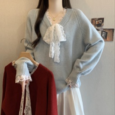 批发2025新款秋冬法式慵懒风纯欲织衫蕾丝设计感大码<b class='q'>通勤</b>毛衣上衣搭配