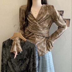 批发大码法式不规则收腰系带条纹衬衫女装春季设计感小众独特别致上衣